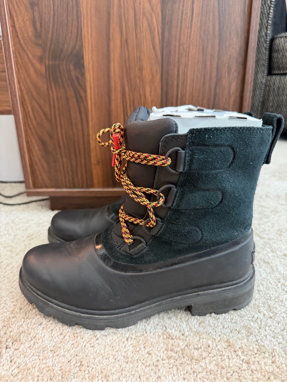Sorel Black Boots with Red and Yellow Braided Laces